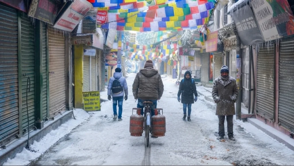 People walking down a narrow alleyway lined with closed shops and colorful prayer flags overhead during a winter snowfall.