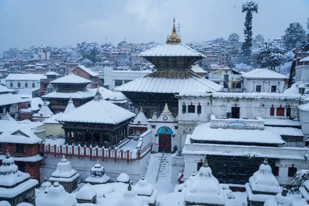 An elevated view of Pashupatinath Temple and surrounding shrines blanketed in white snow during a winter snowfall.