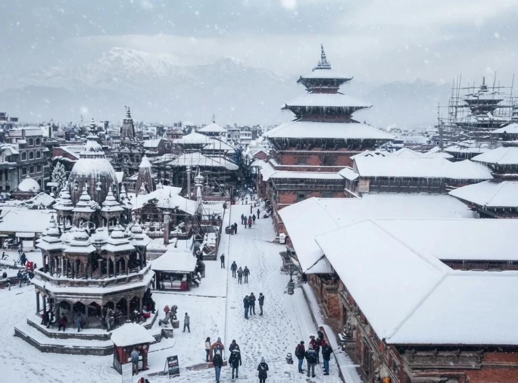 An elevated view of Patan Durbar Square and its historic temples covered in a fresh layer of winter snowfall.