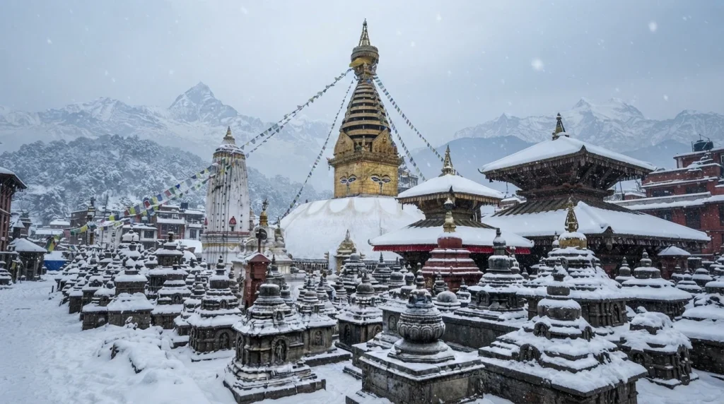 A wide view of Swayambhunath Stupa and surrounding shrines covered in white snow during a winter snowfall.