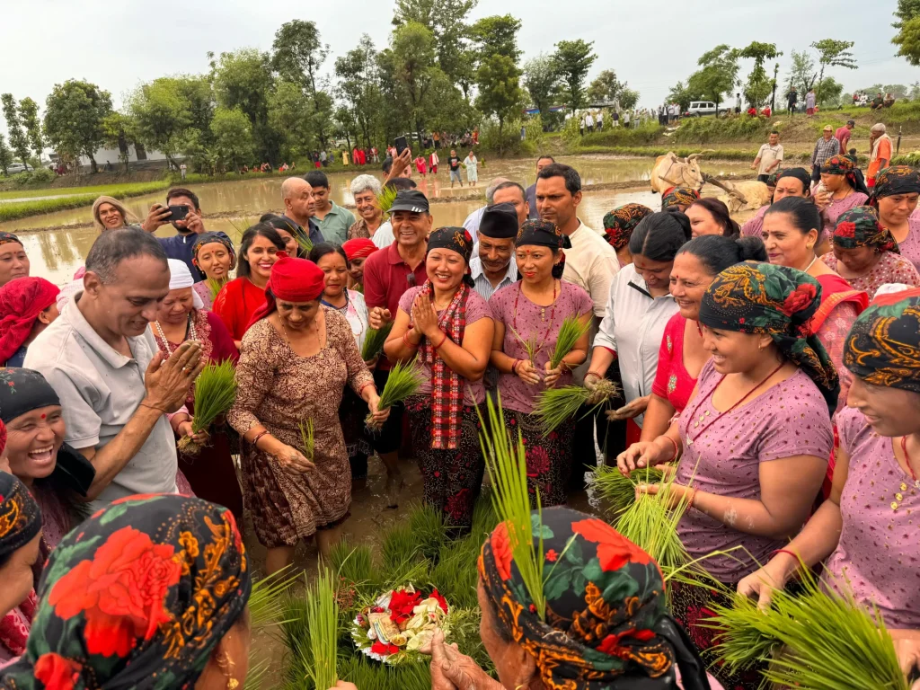 A community of Nepalese farmers and locals celebrating Dashain in a green field, holding ritual offerings and rice seedlings with joyful expressions.