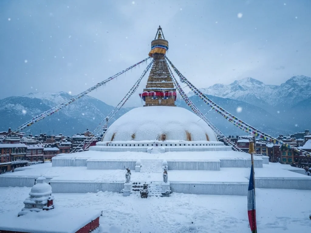 A close-up view of Boudhanath Stupa completely covered in fresh white snow during a heavy snowfall.