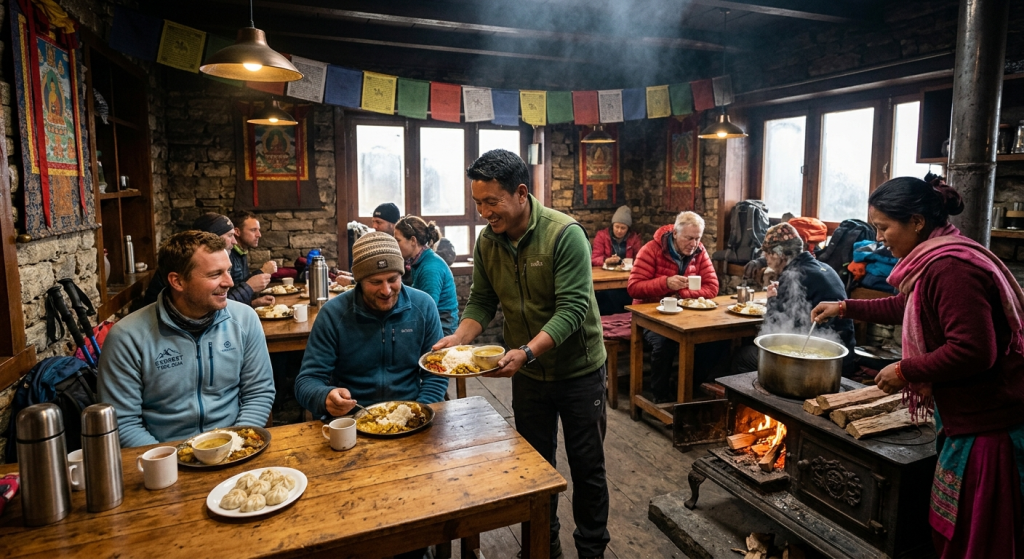 Trekkers and locals inside a stone and wood Himalayan teahouse enjoying traditional Nepalese fpoood including dal bhat and momos