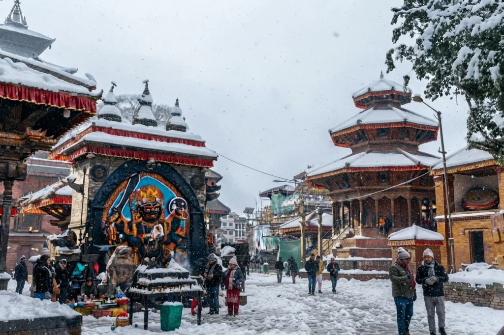 People walking through Kathmandu Durbar Square amidst a scenic winter snowfall.