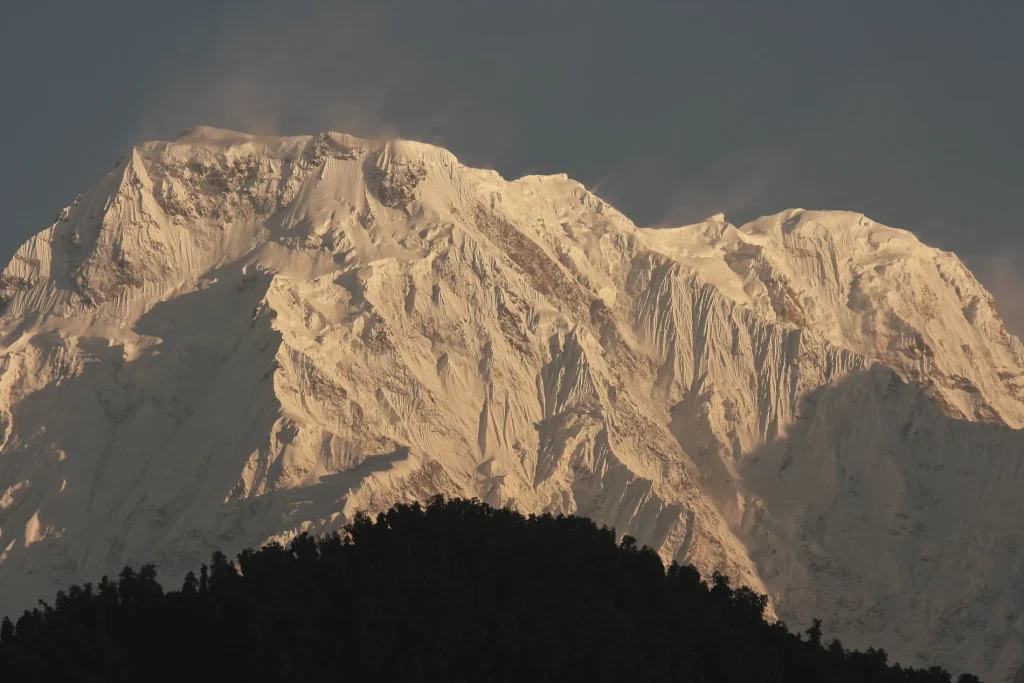 A close-up photograph of a massive snow-covered mountain peak glowing softly in warm sunlight above a dark forest ridge.